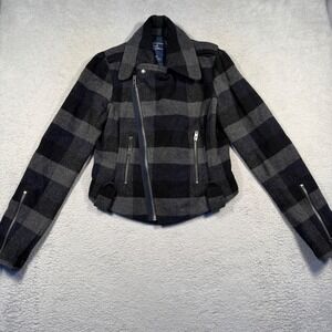 Y2K American Eagle Moto Jacket Medium‎ Plaid Wool Blend Asymmetrical Zip Coat